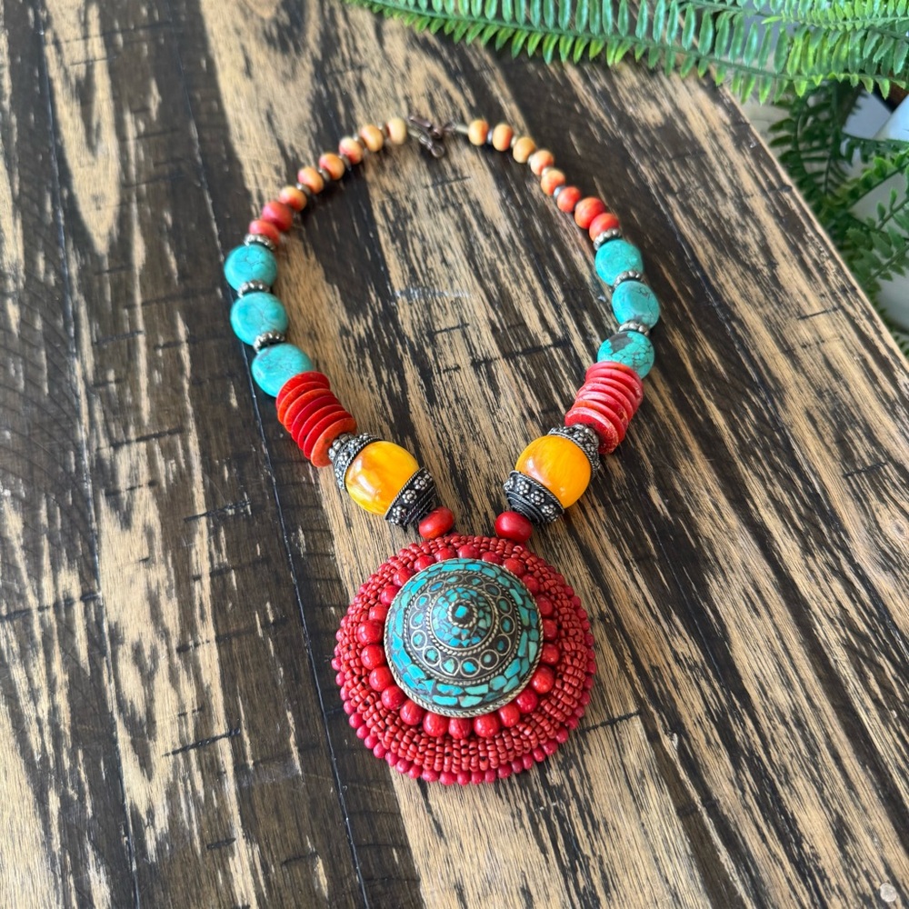 💫 Boho Statement Beaded Necklace – Multicolor Pendant Design